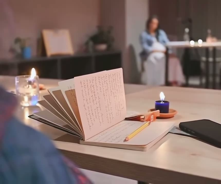 Cuaderno abierto con lápiz y vela